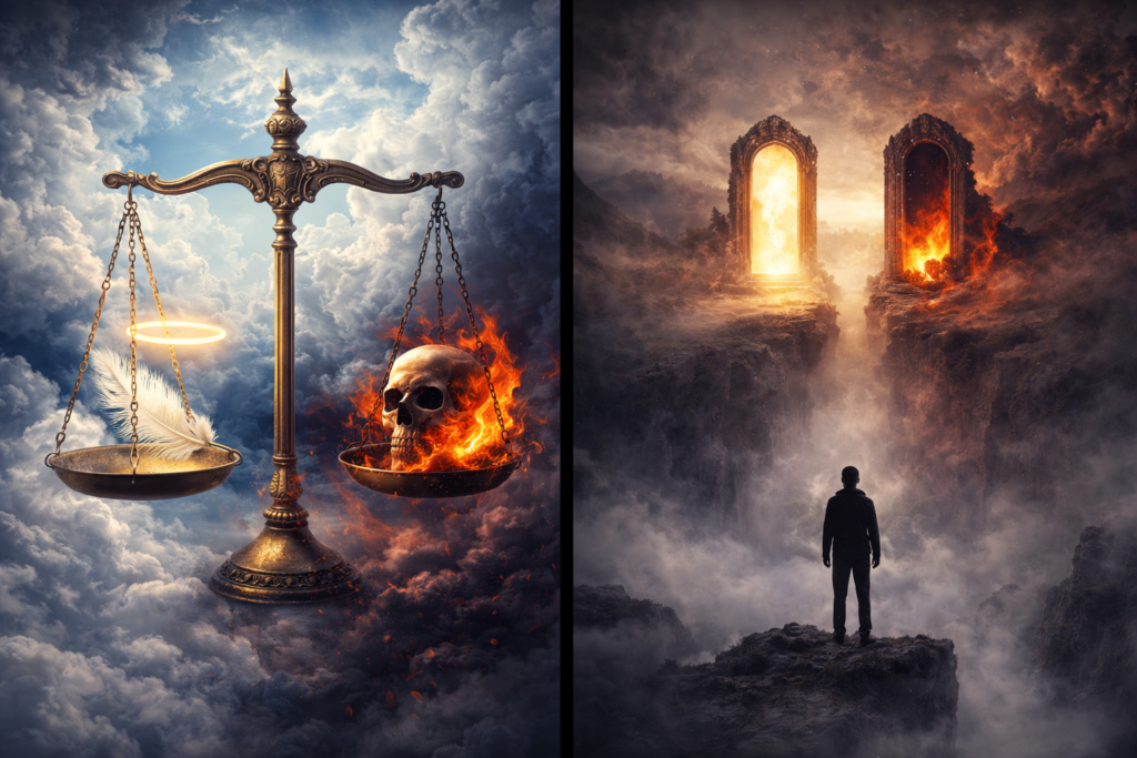 Surreal illustration of a hovering balance scale with heaven on one side glowing with light and angels, and hell on the other side burning with fire and shadows, symbolizing the cosmic equilibrium of good and evil