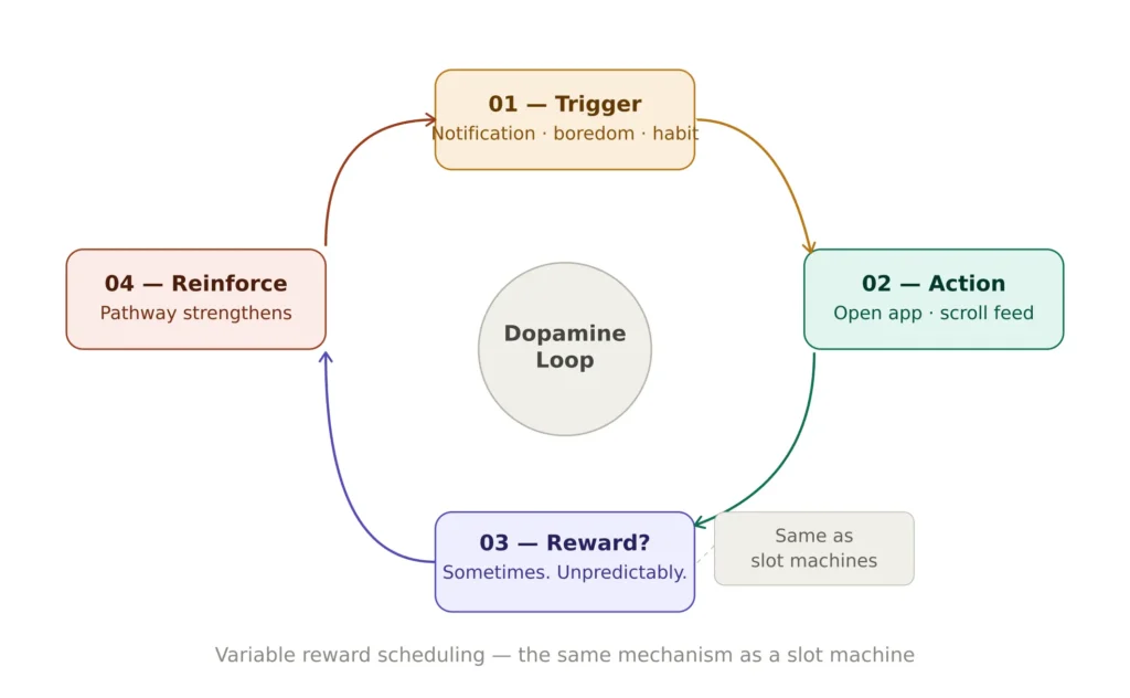 Circular diagram of the dopamine feedback loop showing four stages: trigger, action, variable reward, and reinforcement — the same mechanism used in slot machines