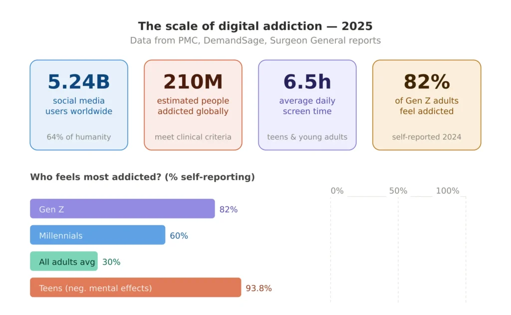 Infographic showing global social media addiction statistics in 2025 including 5.24 billion users, 210 million addicted, and 82% of Gen Z reporting feeling addicted
