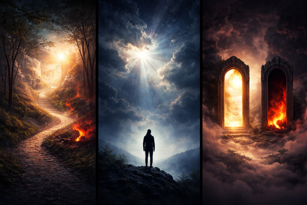 Surreal depiction of heaven and hell with a lone figure facing two glowing archways, one bathed in golden light and the other engulfed in flames, symbolizing the afterlife and human curiosity.