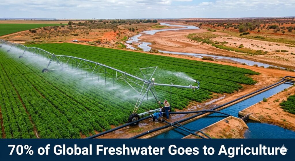 70-percent-of-global-fresh-water-goes-to-agriculture Irrigated farmland using large amounts of water with a drying river in the background, illustrating agriculture’s impact on freshwater resources.