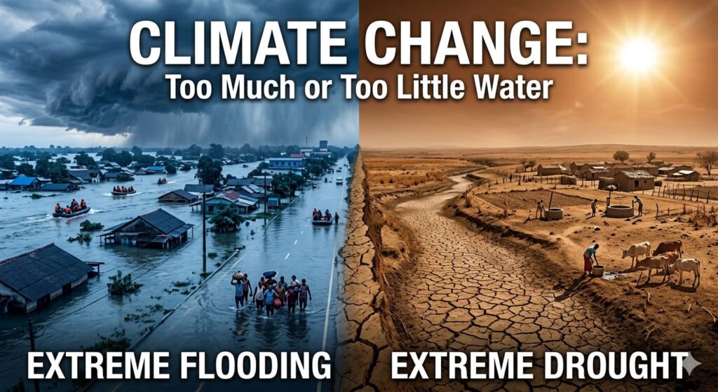 climate-change-impact-on-global-water-crisis Split image showing extreme flooding on one side and severe drought on the other, illustrating climate change impacts on global water availability