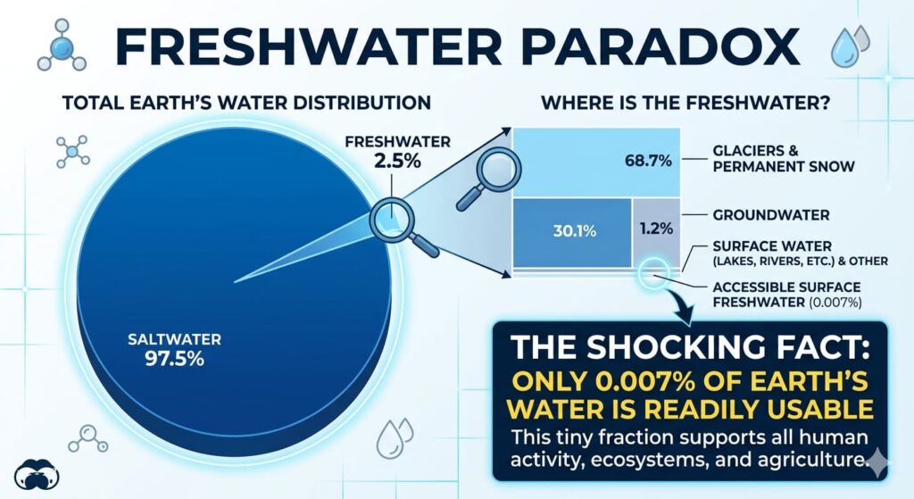 fresh-water-paradox Diagram of Earth's water distribution showing oceans, glaciers, rivers, and the tiny fraction of readily accessible freshwater