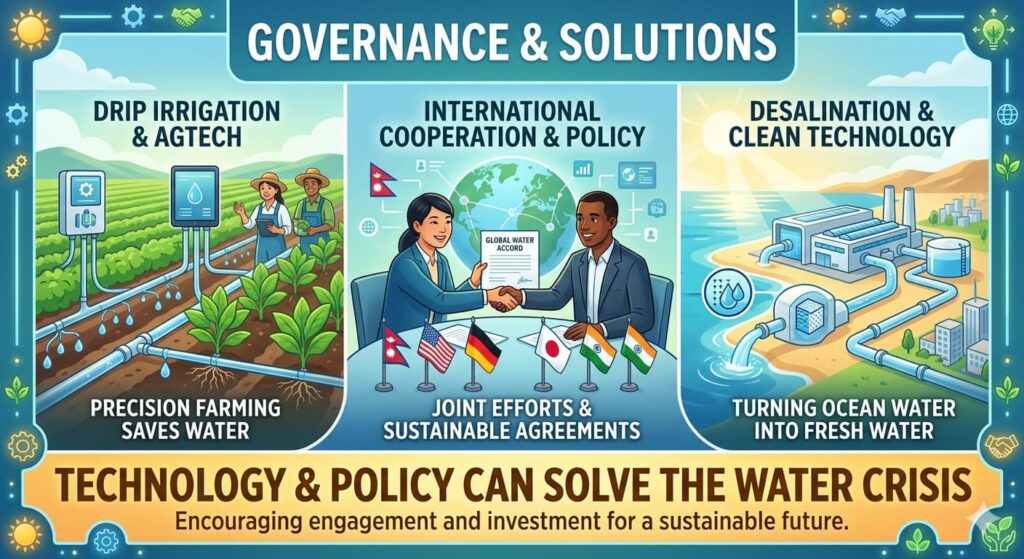 governance-and-solutions-for-global-water-crisis Drip irrigation system, desalination plant, and global cooperation imagery representing sustainable water management solutions.