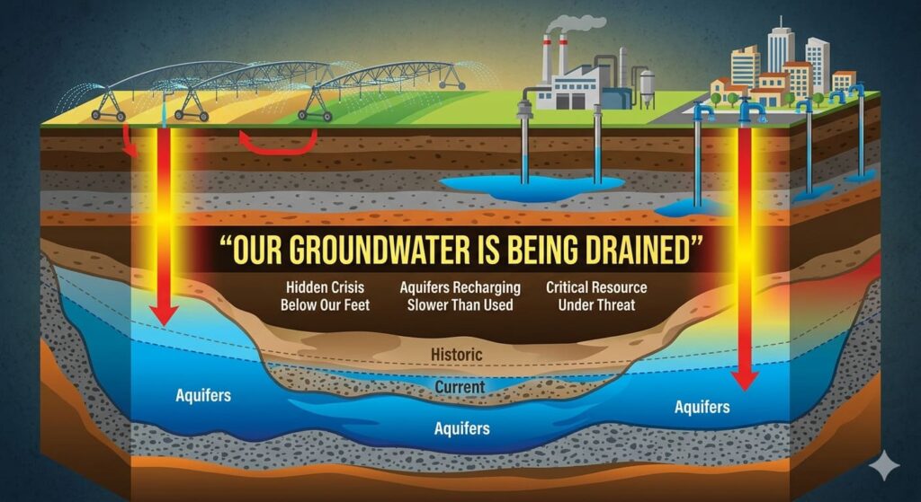 our-ground-water-is-being-drained Cross-section of land showing underground aquifers with falling water levels, illustrating groundwater depletion due to over-extraction