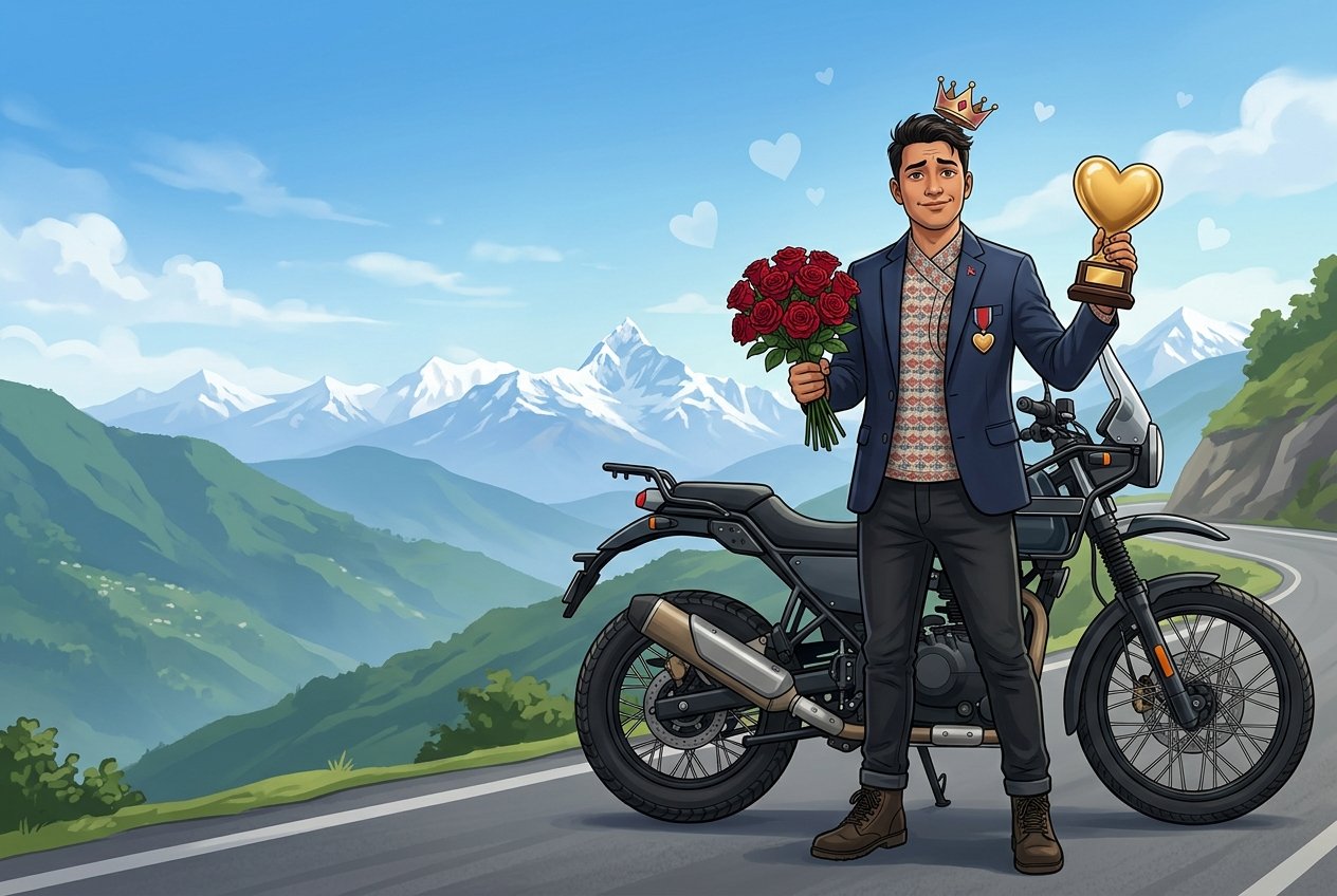 A humorous illustration of a young Nepali man holding roses and a heart-shaped trophy beside his motorcycle in the Himalayas.